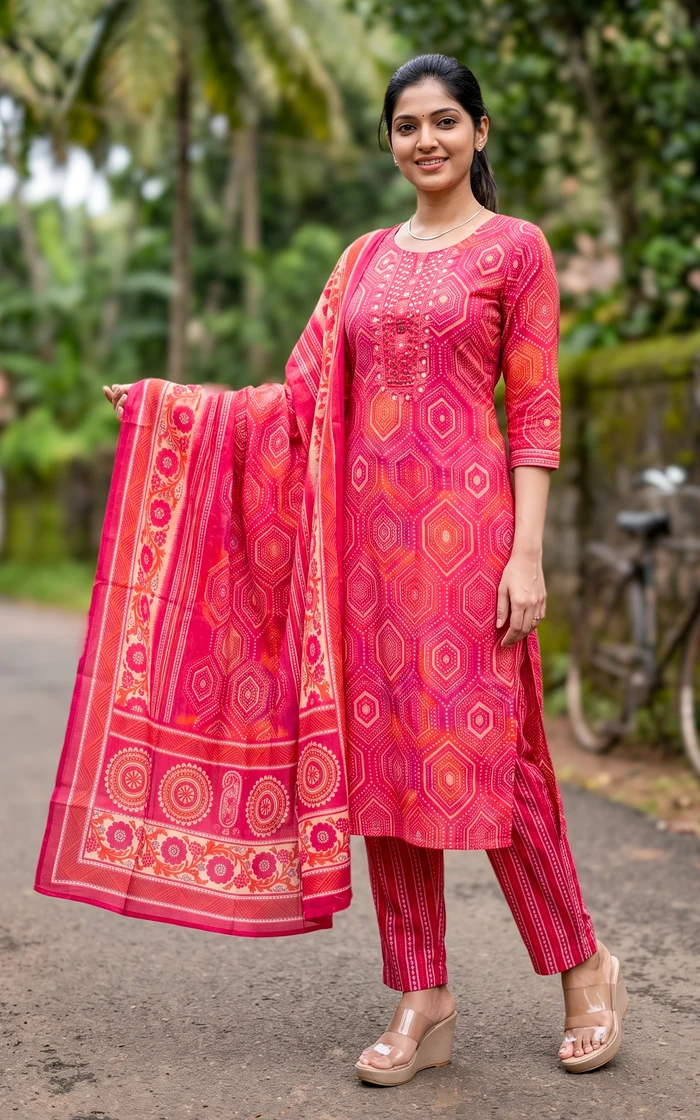 Pink Geometric Bandhani Print Salwar set
